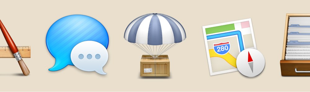 The AirDrop’s application icon in the center, with the iMessage icon on the left and the Maps icon on the right.