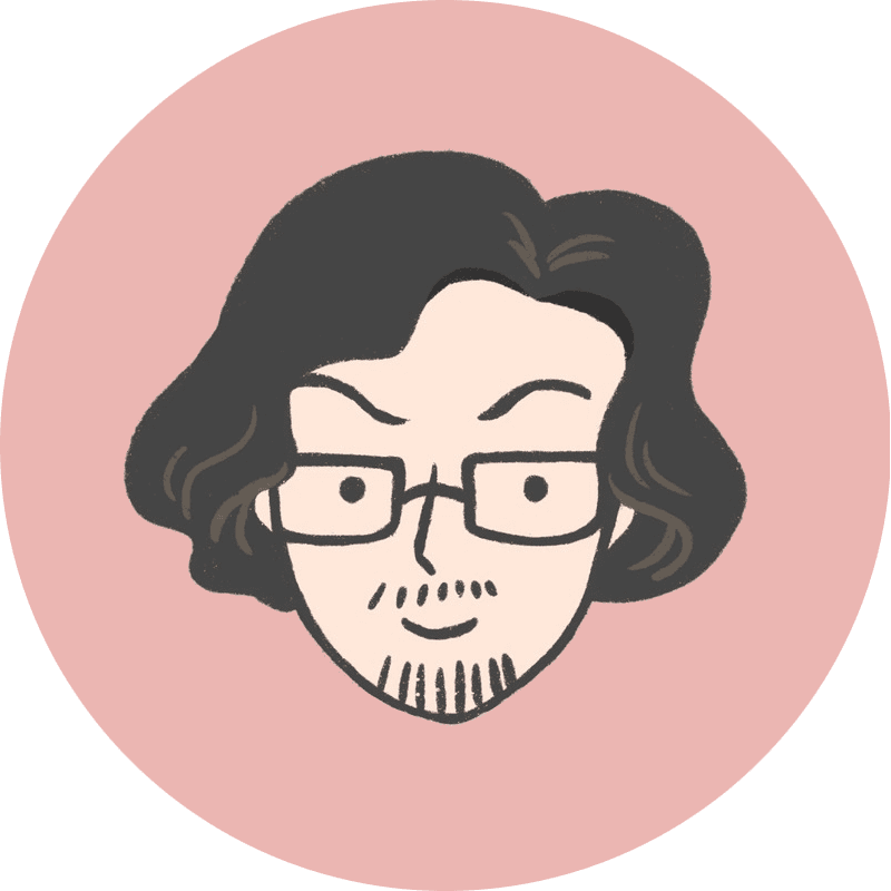 A cartoony drawing of my long wavy-haired self, on a pink background.