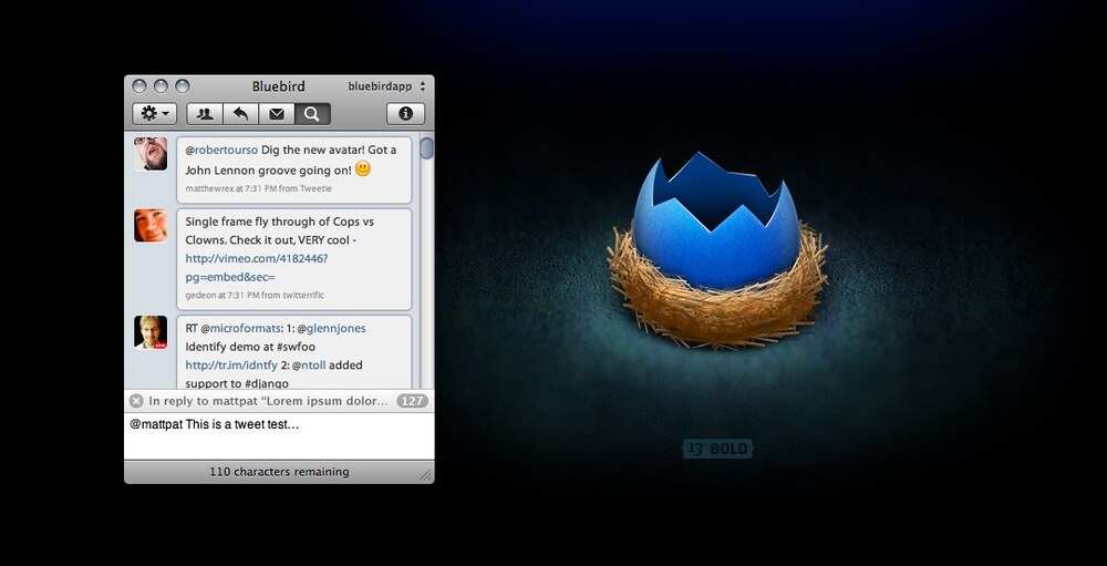 Screenshot of an old twitter client for macOS. On the right, a hatched blue egg, which used to be the application icon.