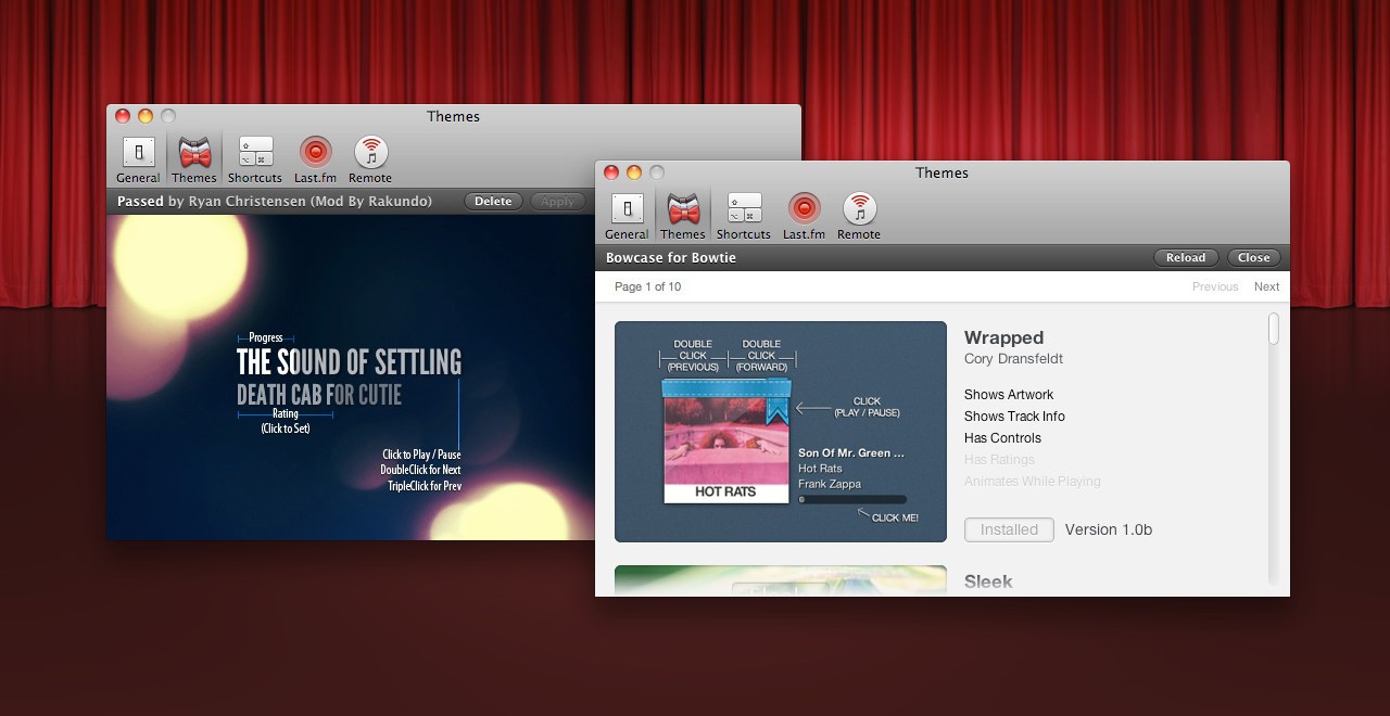 Screenshot of the app preferences, with red velvet curtains in the background.