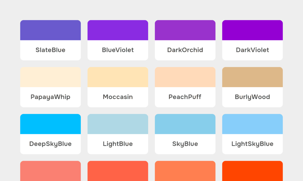 A grid of color swatches, with names like Slate Blue, Dark Orchid, Peach Puff, or Sky Blue.