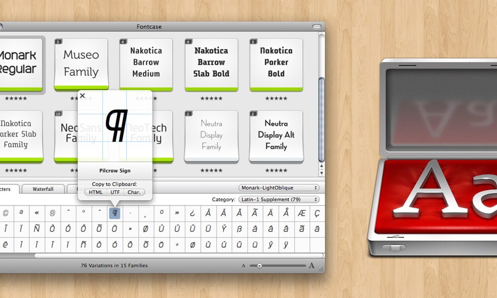 A screenshot of Fontcase, a grid of tiles representing fonts, and the logo, a suitcase lined with red felt, and silver letters inside