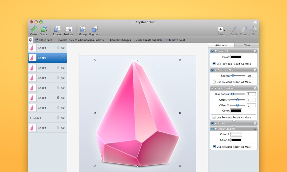 A screenshot of DrawIt, an image editor, with a layer sidebar, an inspector, and a canvas showing a pink crystal.